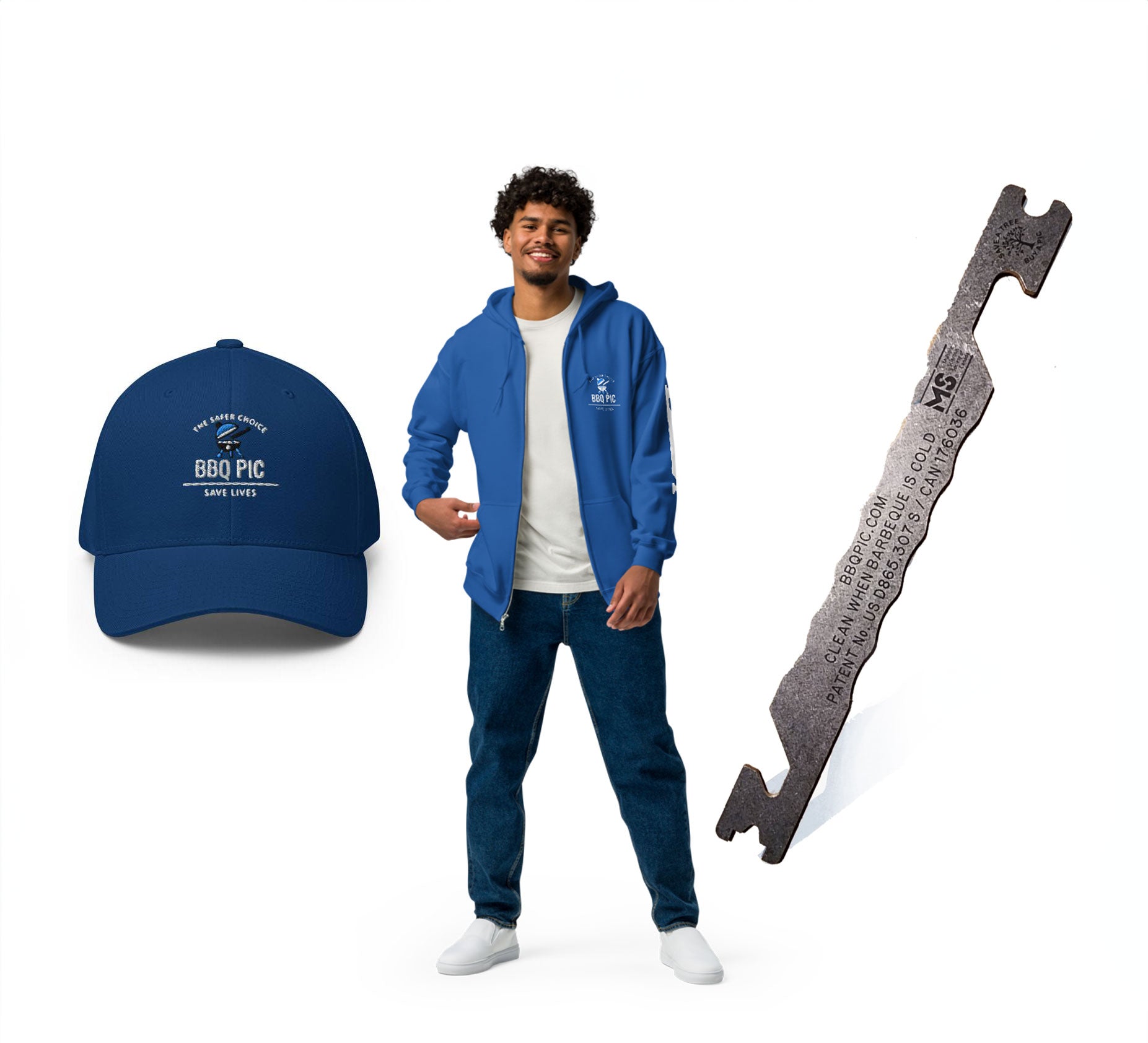 Image of the BBQ Pic Bundle where you save money which includes a BBQ Pic hat, Hoody and BBQ Pic Grill Scraper. Hoody is Blue.