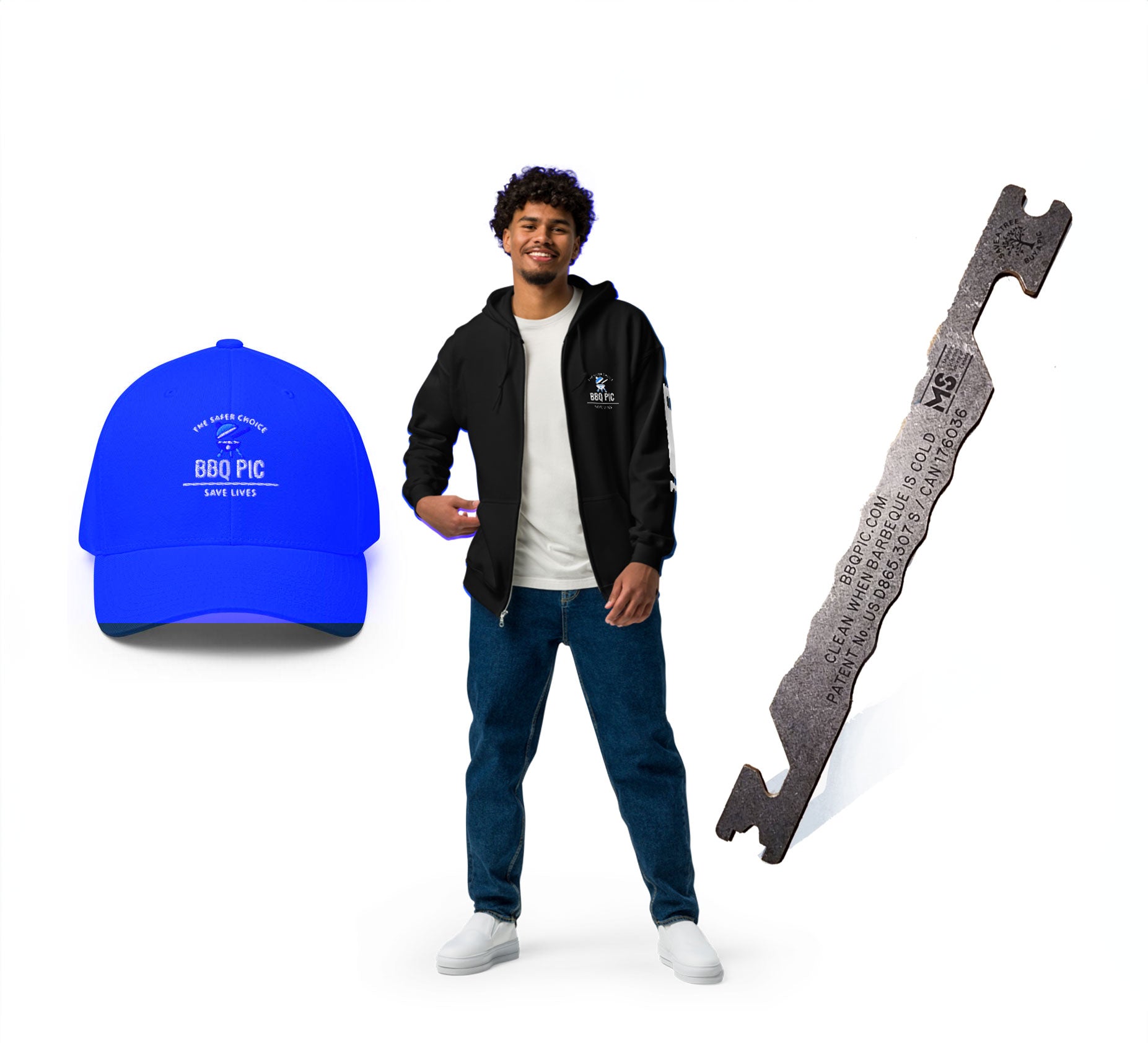 Image of the BBQ Pic Bundle where you save money which includes a BBQ Pic hat, Hoody and BBQ Pic Grill Scraper. Hoodie is black.