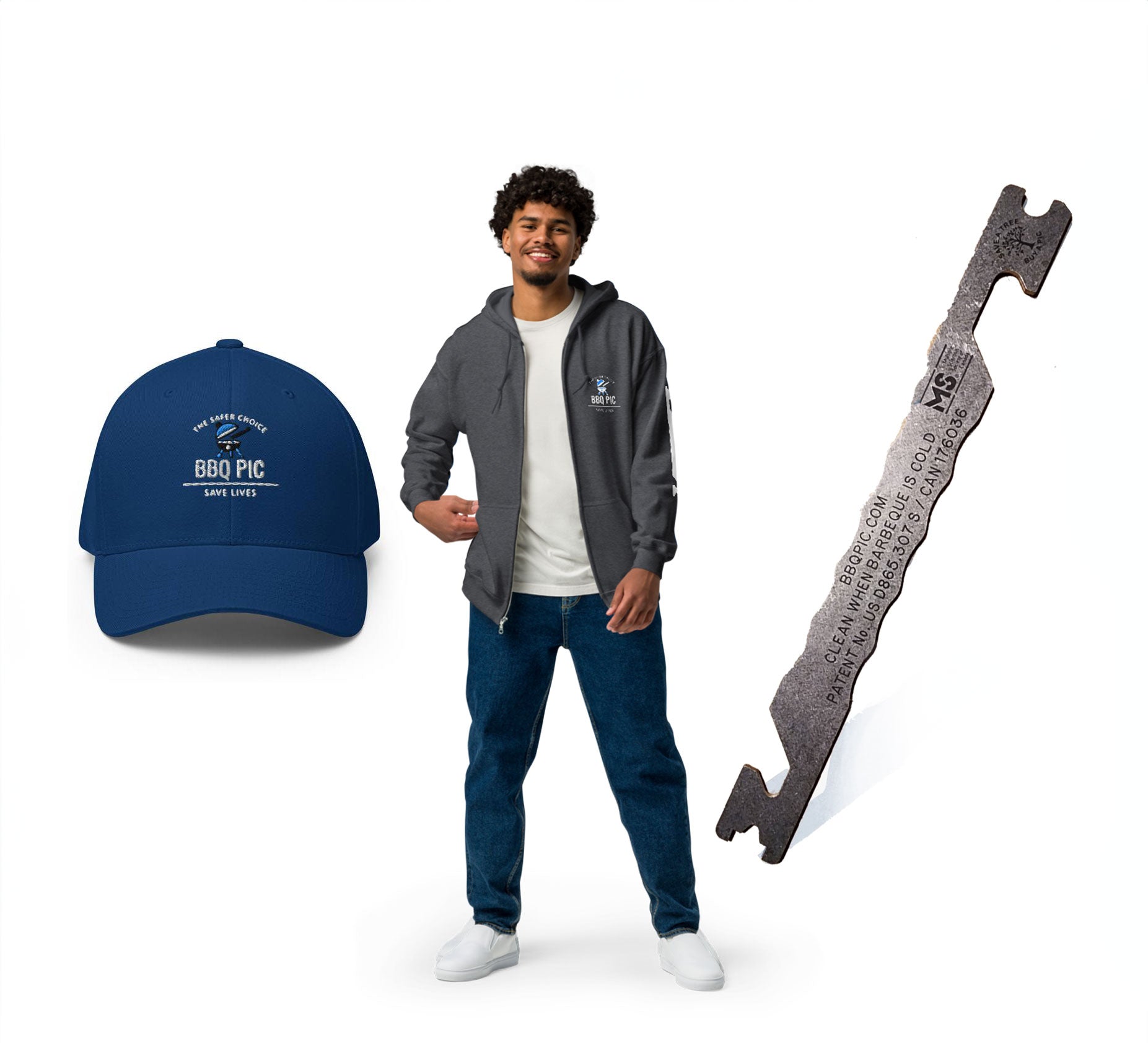 Image of the BBQ Pic Bundle where you save money which includes a BBQ Pic hat, Hoody and BBQ Pic Grill Scraper. Hoodie is Heather Grey.