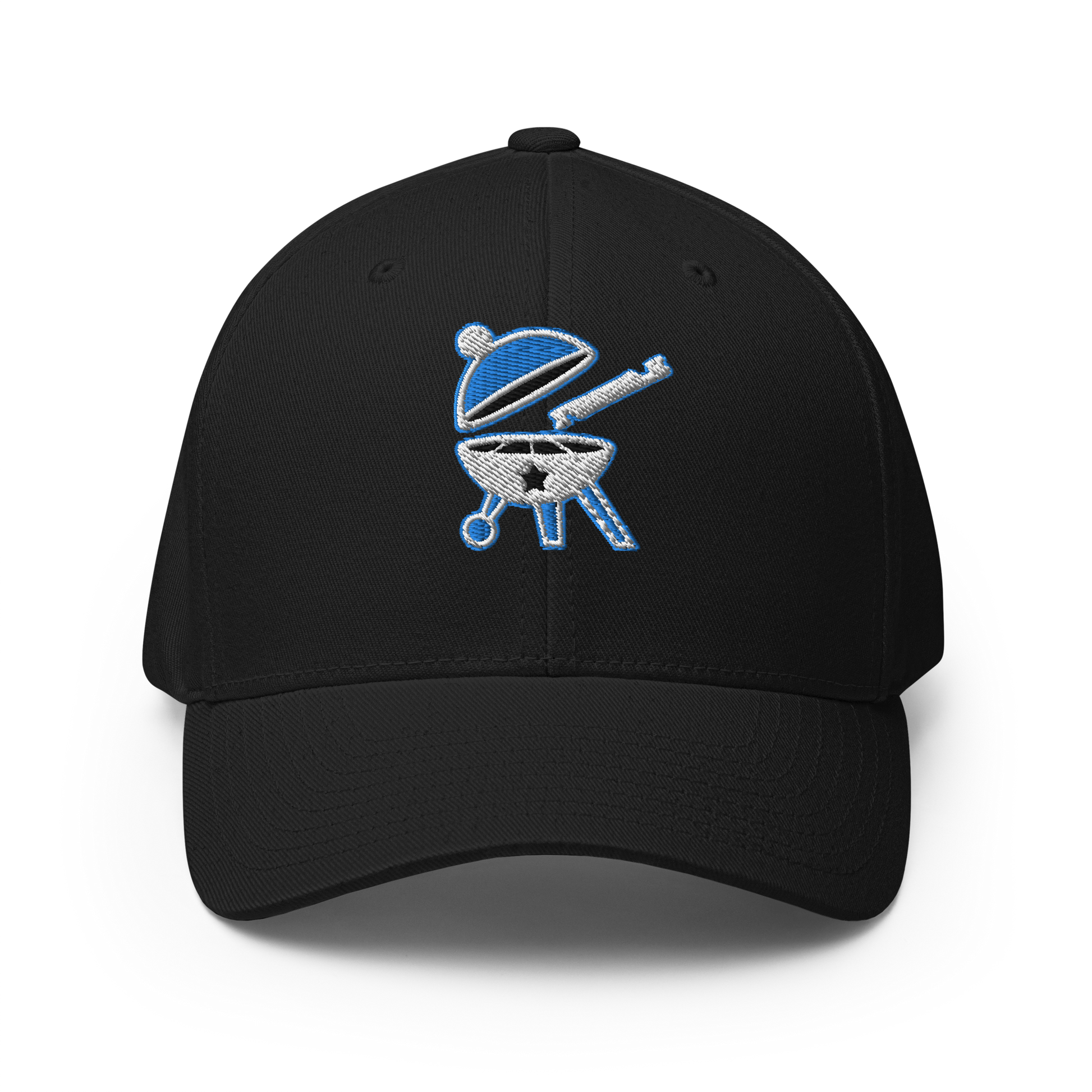 Black baseball cap with the BBQ Pic logo on it which is a round, open BBQ with a BBQ Pic about to clean it.