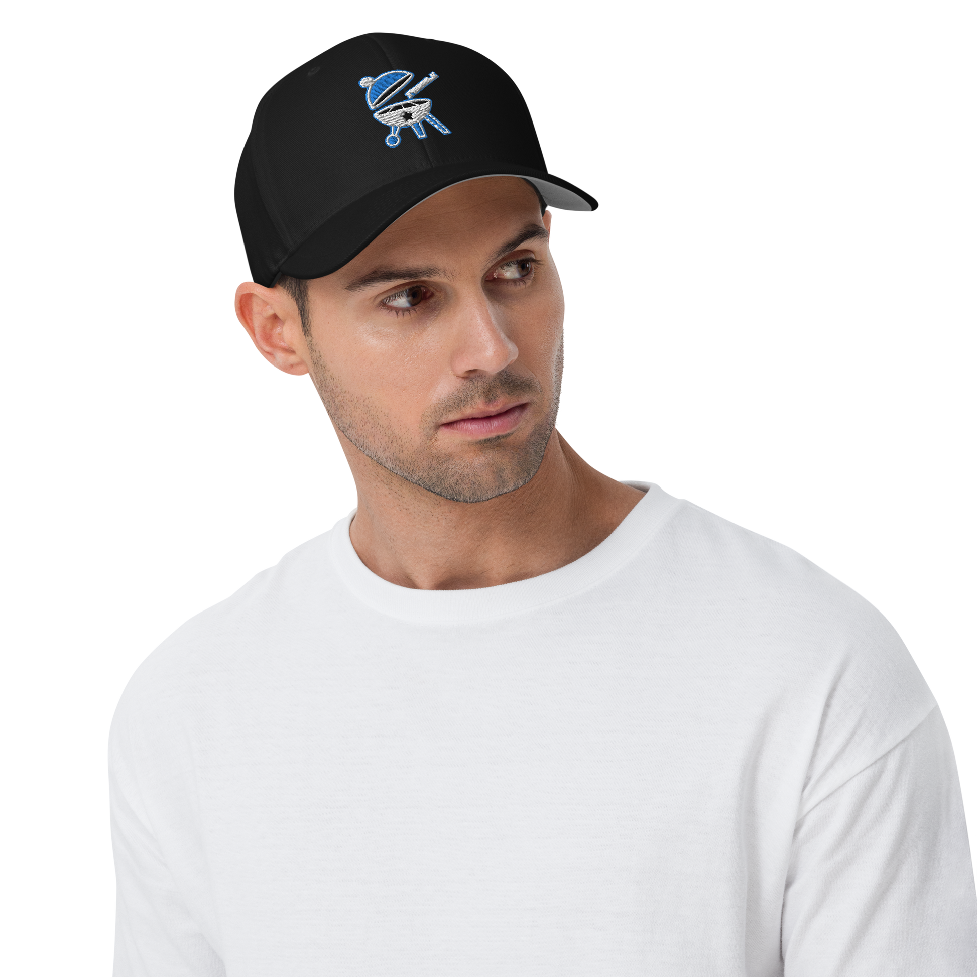 Man wearing black BBQ Pic hat. Black baseball cap with the BBQ Pic logo on it which is a round, open BBQ with a BBQ Pic about to clean it.