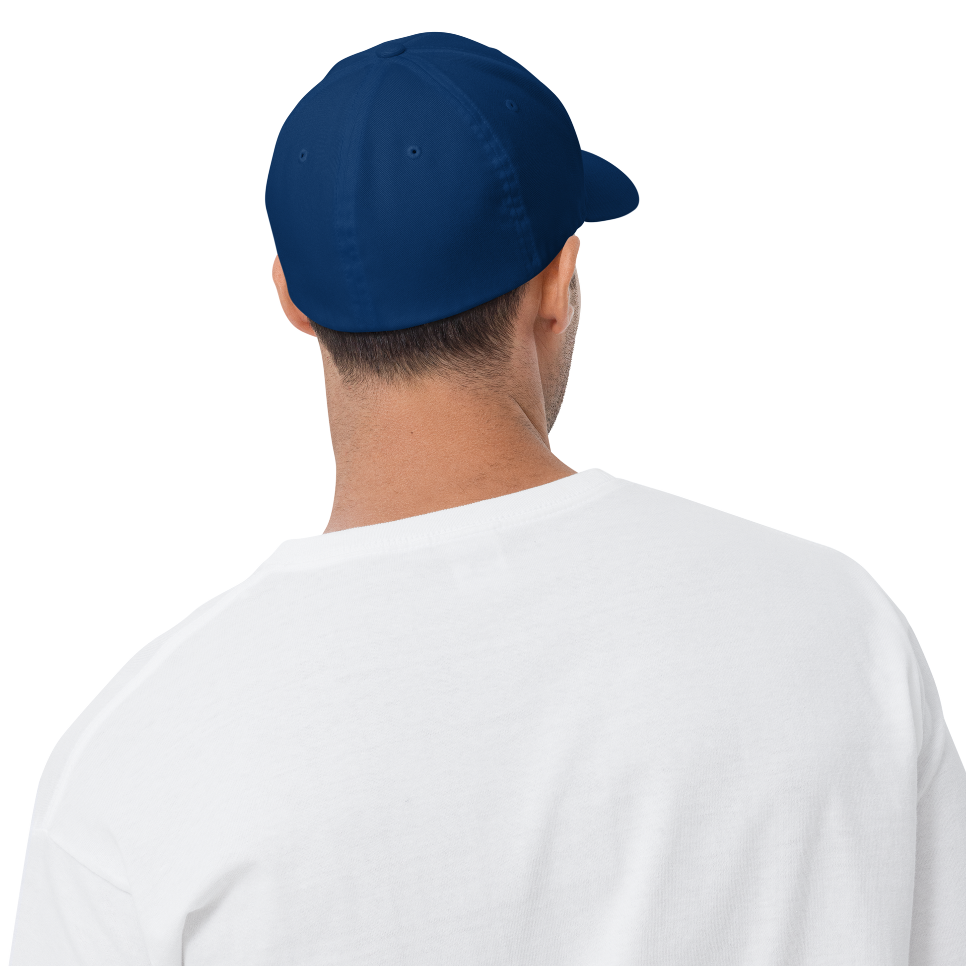 The back of a man wearing a blue BBQ Pic hat.