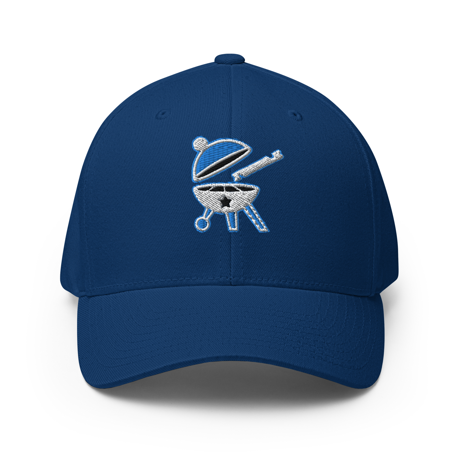 Blue baseball cap with the BBQ Pic logo on it which is a round, open BBQ with a BBQ Pic about to clean it.