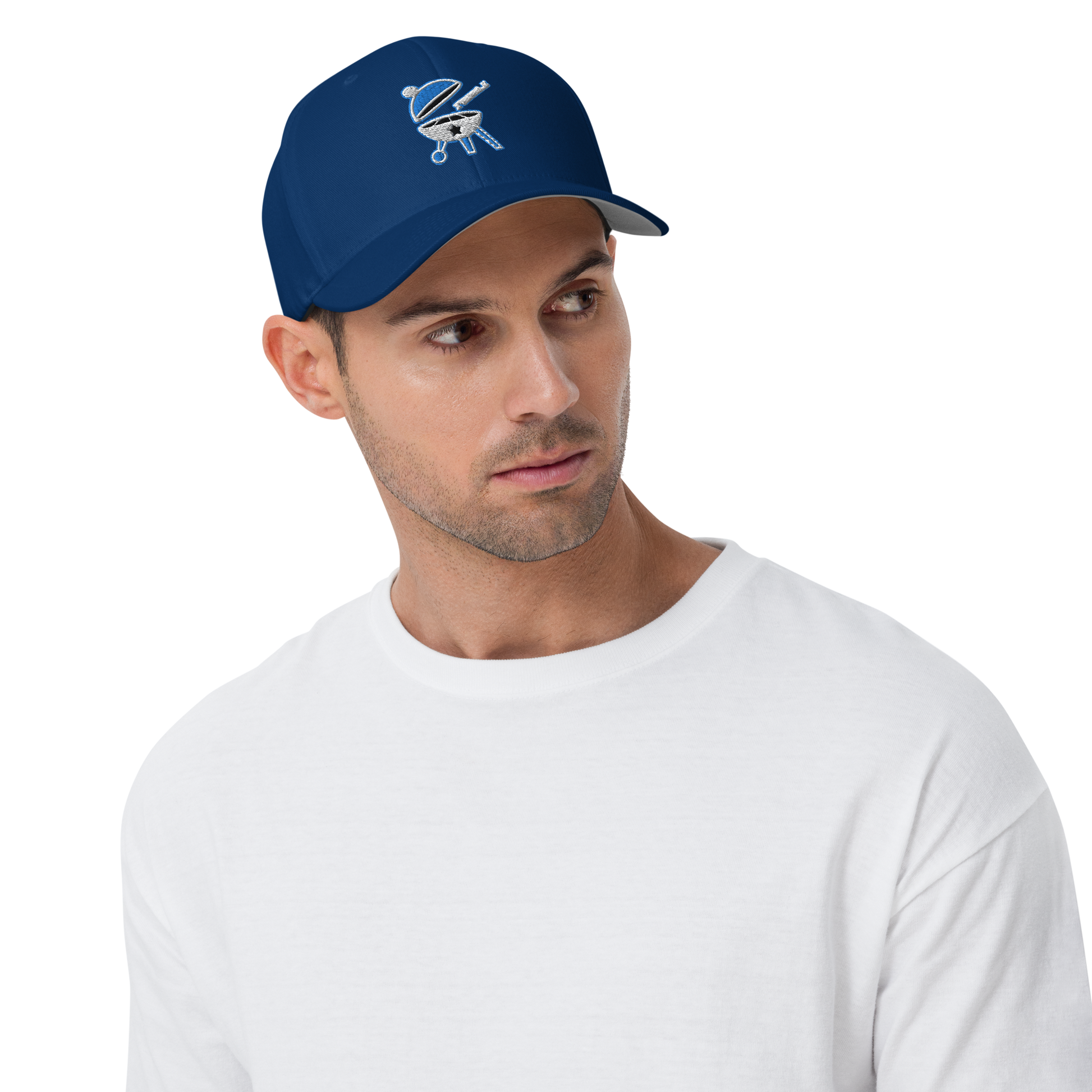 Man wearing blue BBQ Pic hat. Blue baseball cap with the BBQ Pic logo on it which is a round, open BBQ with a BBQ Pic about to clean it.