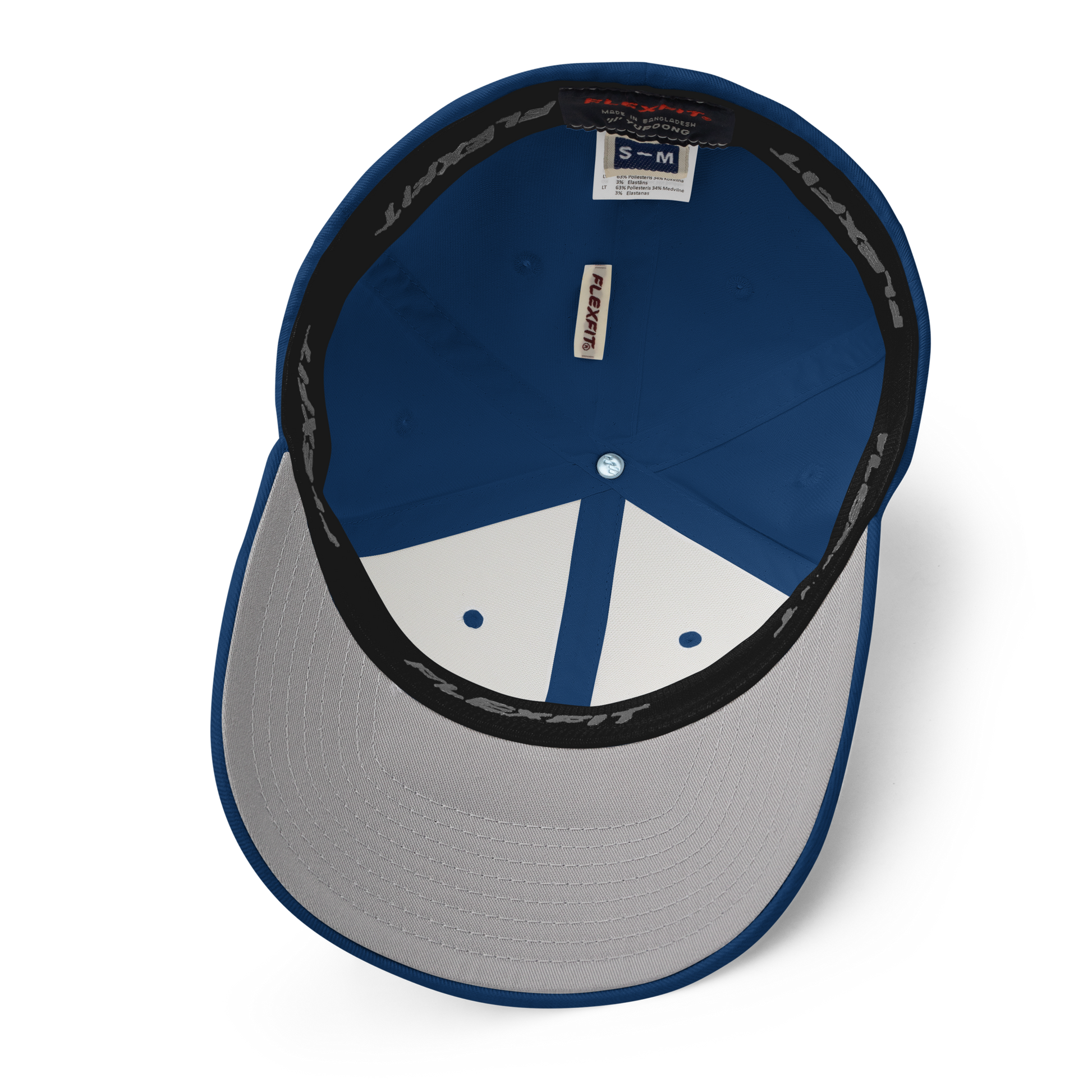 The inside of a BBQ Pic baseball cap, it says Flexfit inside.