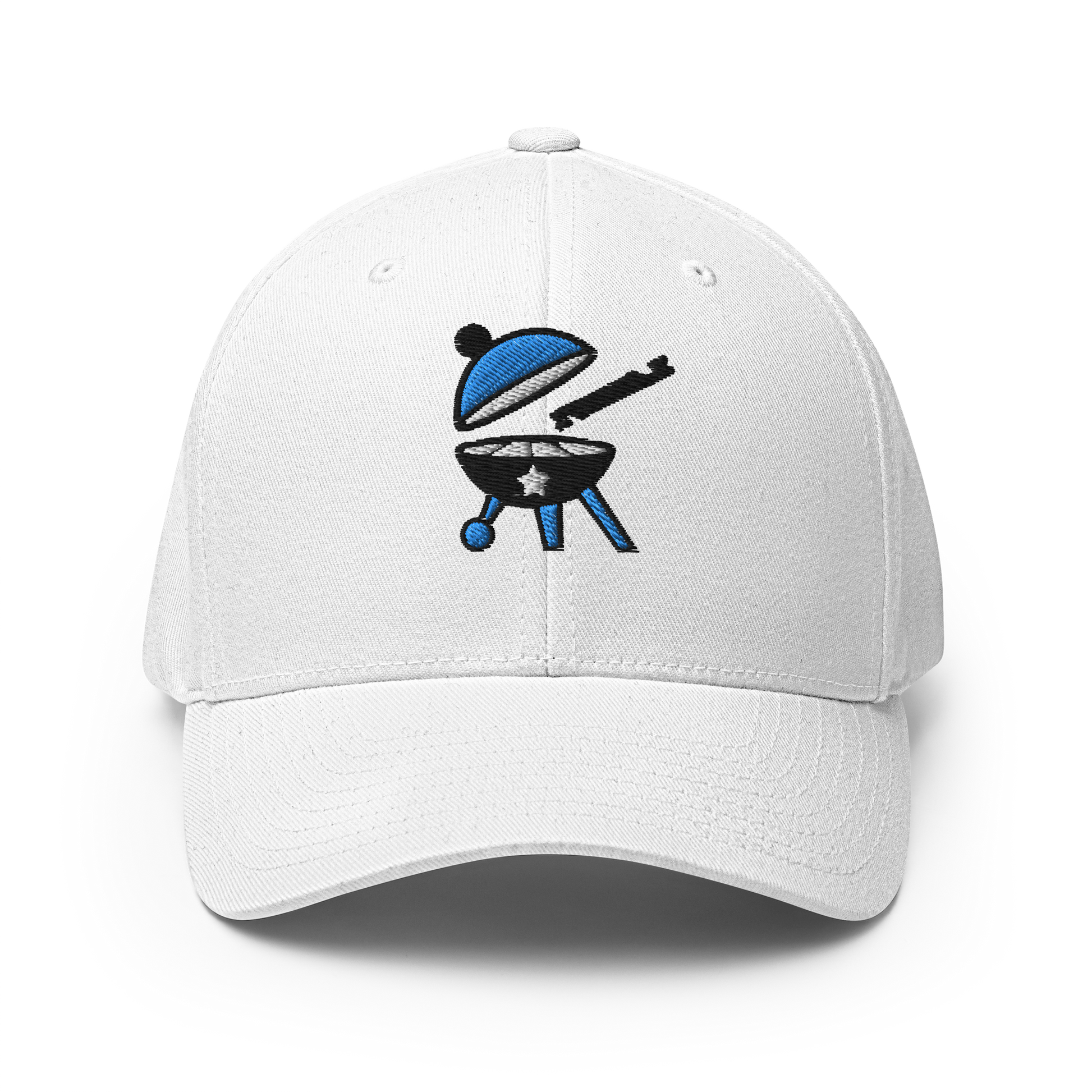 White baseball cap with the BBQ Pic logo on it which is a round, open BBQ with a BBQ Pic about to clean it.