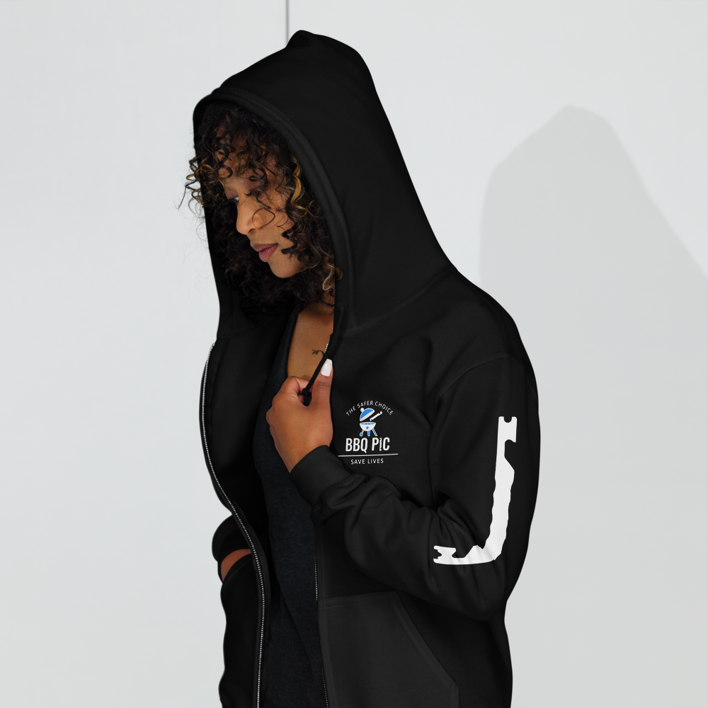 Front of Model wearing black BBQ Pic hoodie.