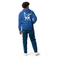 The back of the model wearing Blue BBQ Pic Hoodie shows big graphic of BBQ Logo on the back.