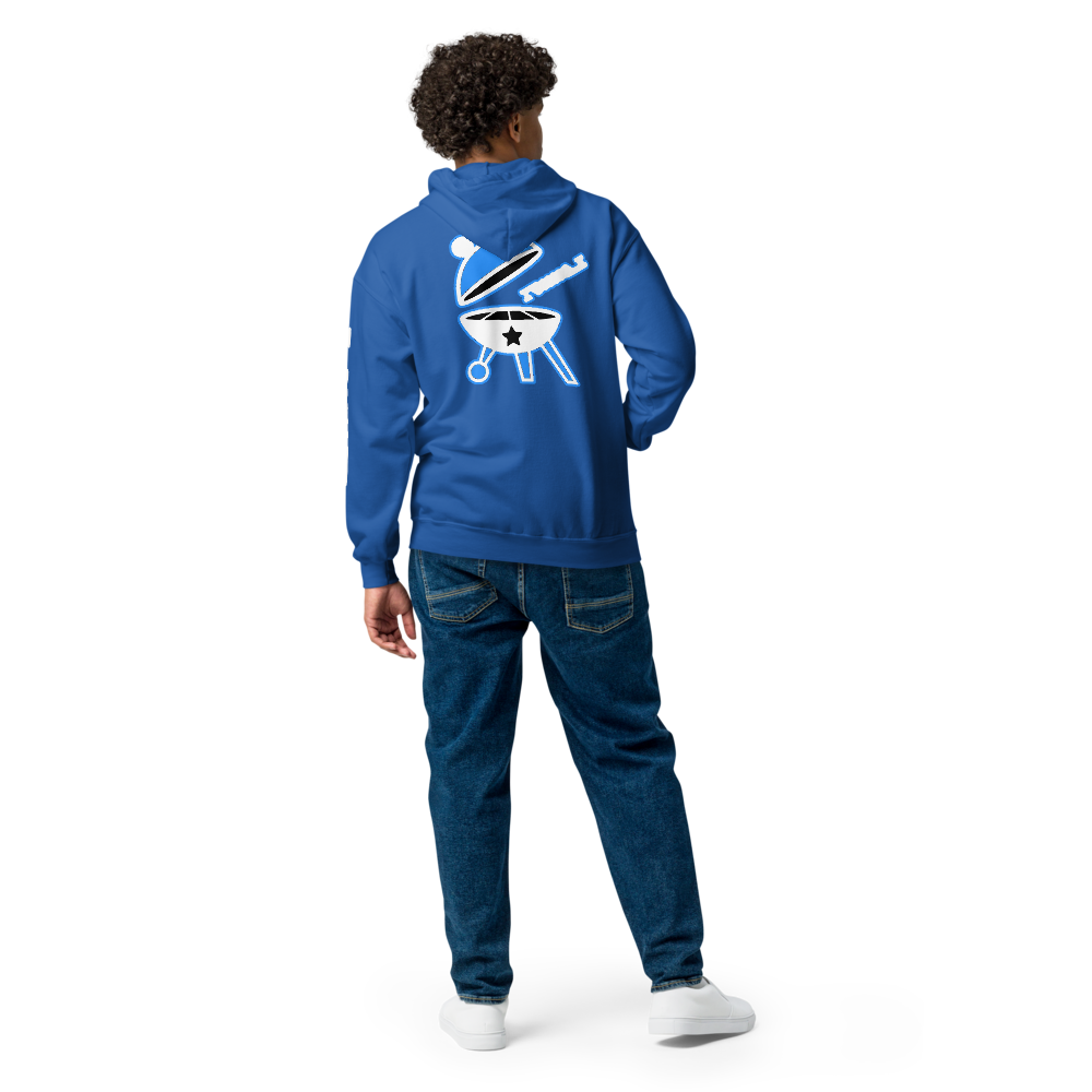 The back of the model wearing Blue BBQ Pic Hoodie shows big graphic of BBQ Logo on the back.