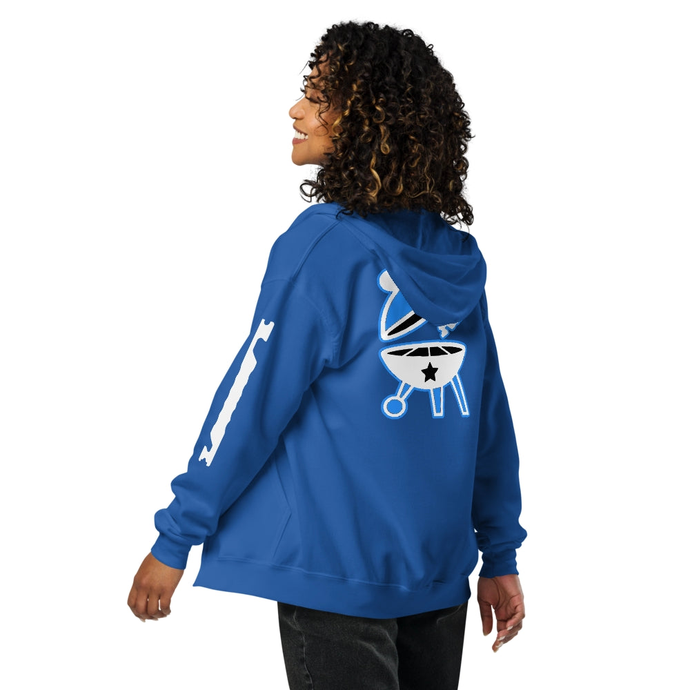 Model wearing Blue BBQ Pic Hoodie.