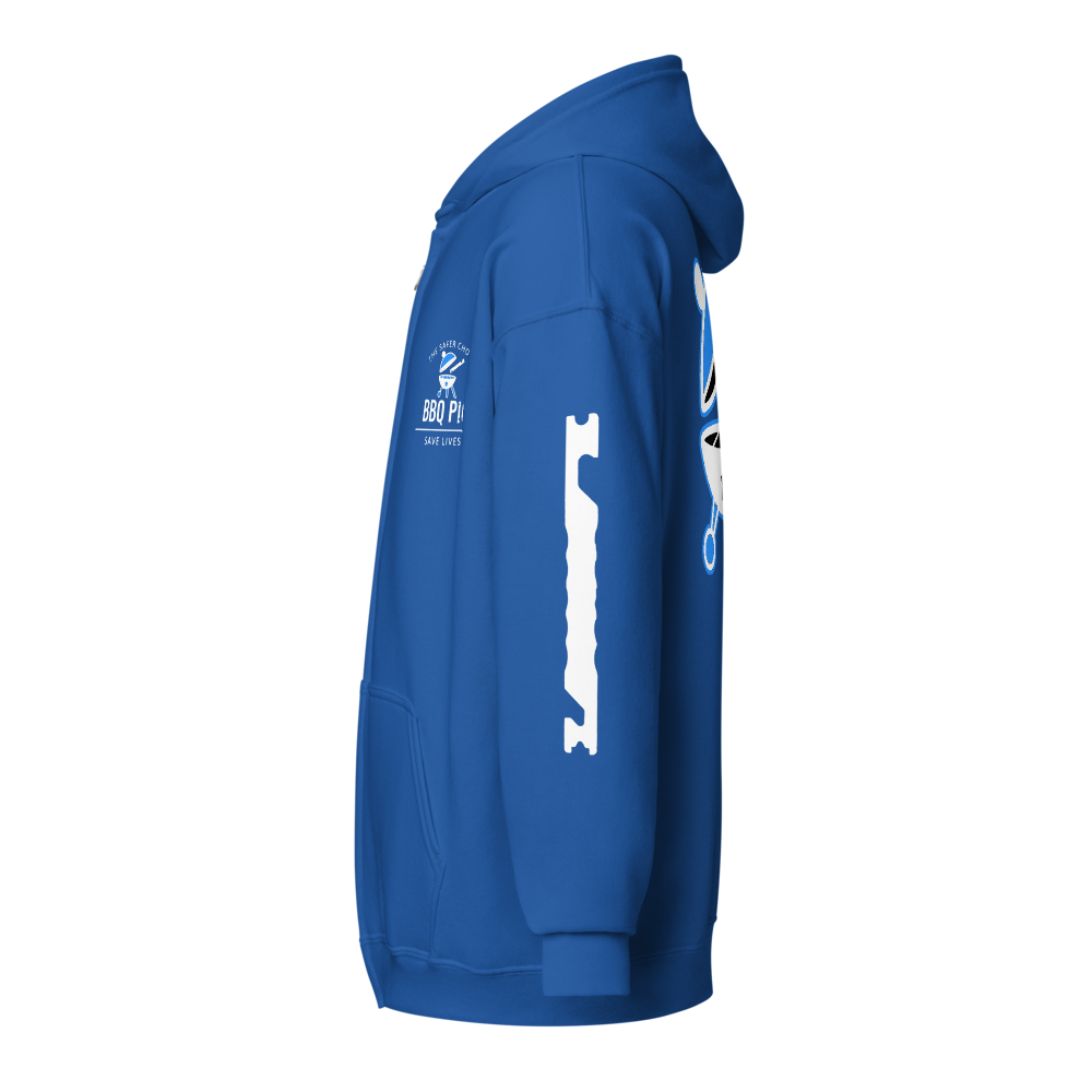 Left side of Blue BBQ Pic Hoodie shows a white graphic in the shape of a BBQ to add a cool style to the Hoodie.
