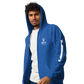 Model wearing Blue BBQ Pic Hoodie shows big graphic of BBQ Logo on the back.