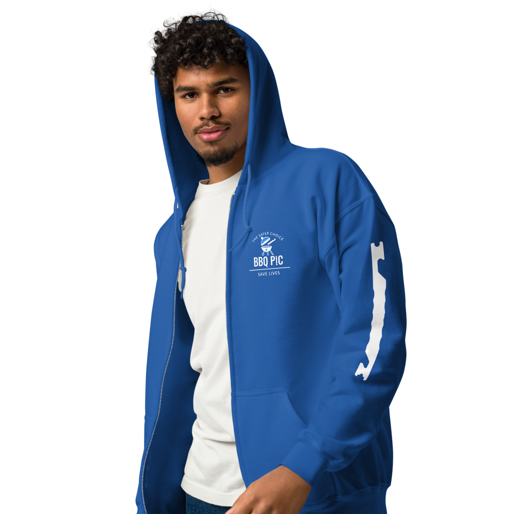 Model wearing Blue BBQ Pic Hoodie shows big graphic of BBQ Logo on the back.