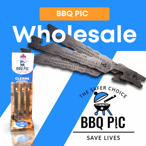 Image with three BBQ Pics to show this page is the Wholesale White label page. The BBQ Pic which is a 304-grade stainless steel BBQ grill scraper invented to replace the dangerous BBQ brushes. It has an interesting and innovative design, it's around 9 inches long, 1 inch wide and 1/8th of an inch thick. It has two hook em horn notches near the top left and bottom right and on the top it has a round notch to clean round grill grates and the bottom of it has a square notch to clean square grill grates